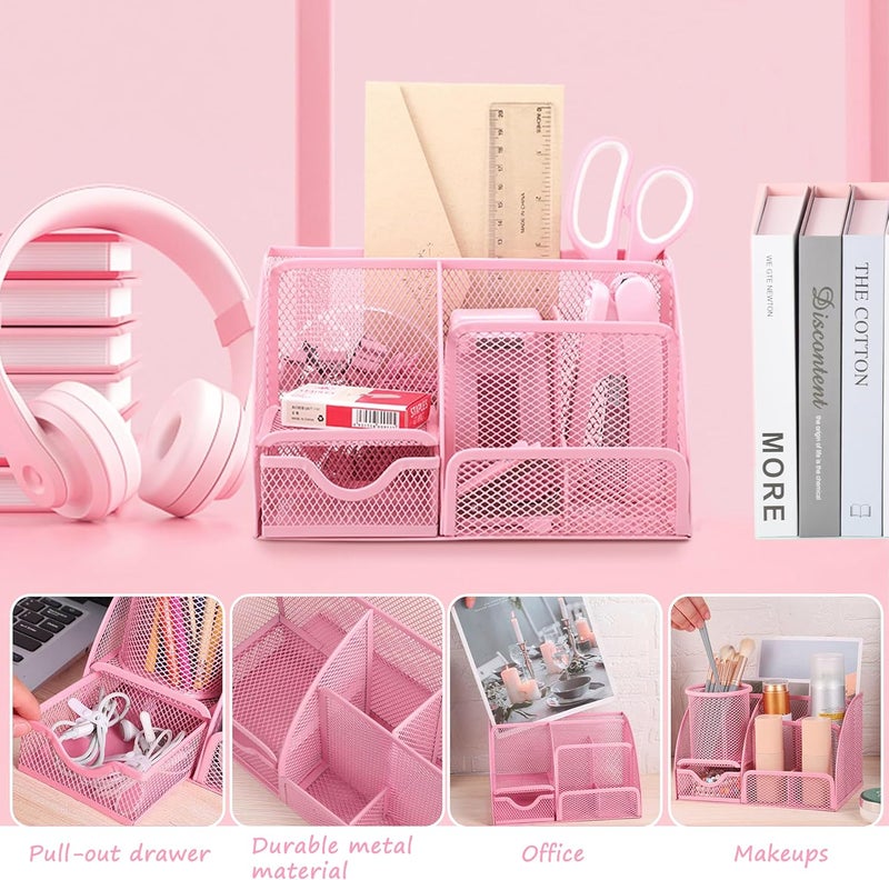 Scindaly Pink Office Desk Accessories Supplies, 12pcs Desk Organizers and Accessories with Tape dispenser and Stapler,Staples,Staple Remover,Pen Holder,Scissor,Ruler,Sticky Tabs,Tape,Ballpoint Pen,Clips Set - Image 2